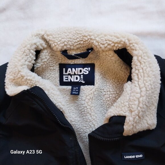 Lands End Mens Black Sherpa-Lined Jacket L/T Nylon Exterior Polyester Lining War - Picture 2 of 7